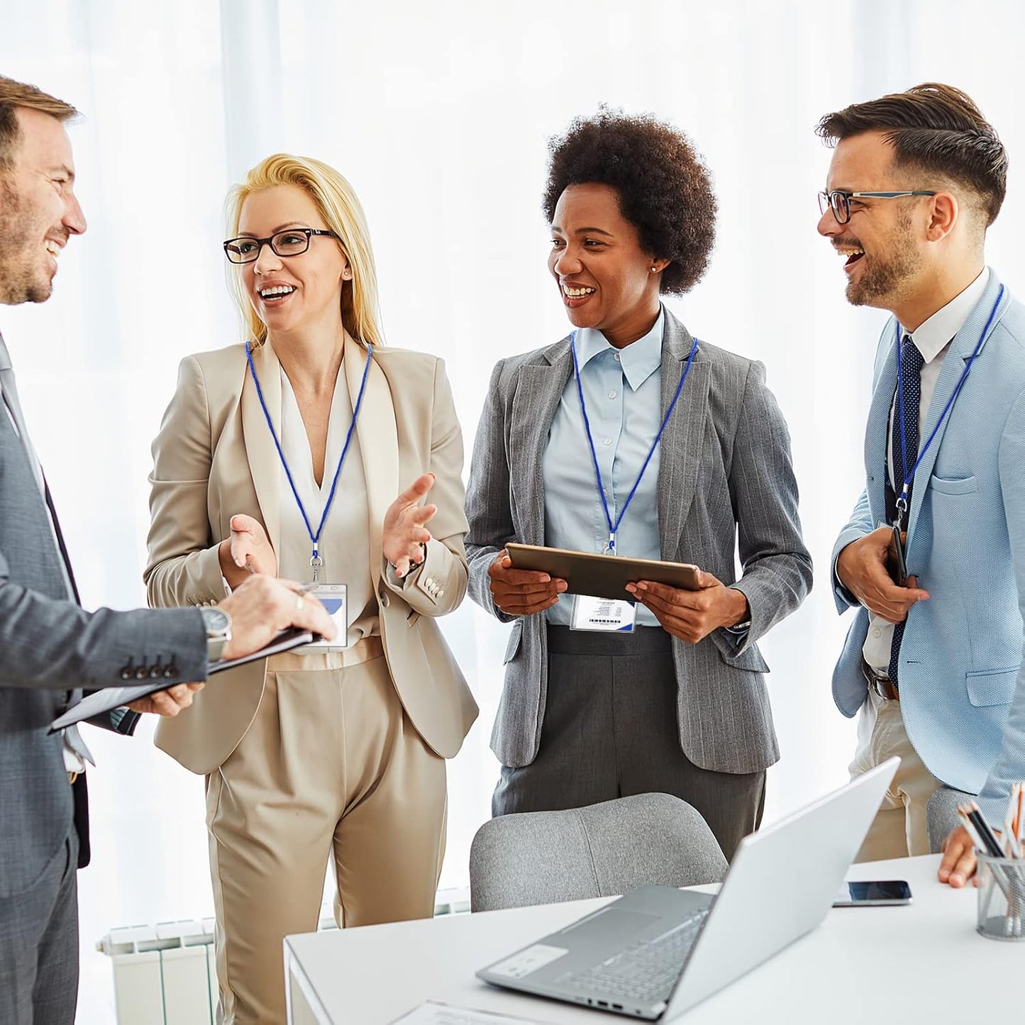 100Pcs Clear Plastic Horizontal Name Tag Badge ID Card Holders and 100Pcs Blue Neck Lanyards with Swivel Hook for School, Office, Business