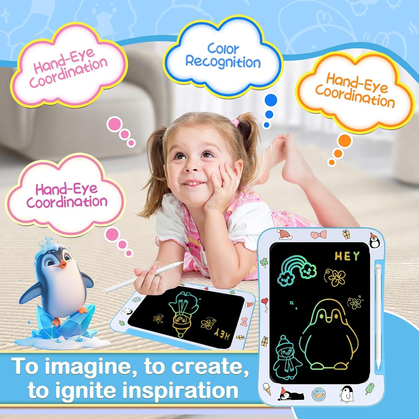 LCD Writing Tablet for Kids, Colorful Screen Drawing Board for 3-7 Year Old Boys & Girls - Educational Toys for Birthday & Christmas (Penguin)