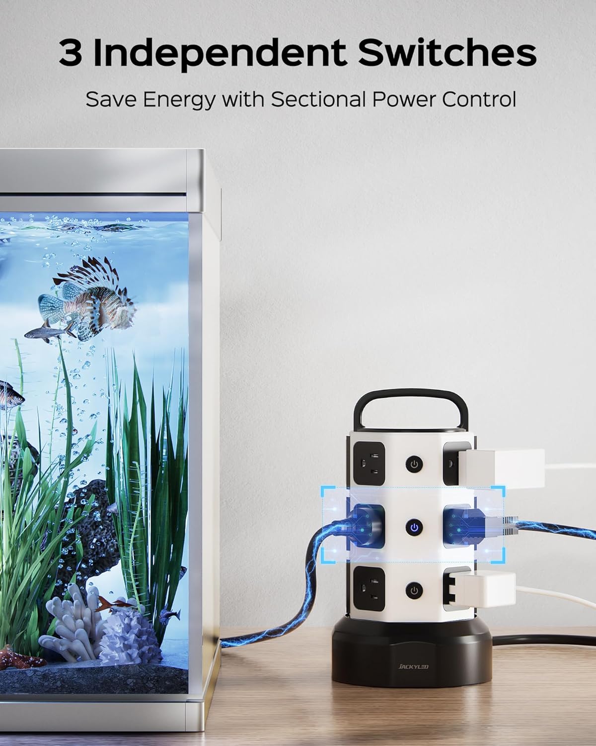 【10ft】 Power Strip Tower JACKYLED Surge Protector Electric Charging Station with 13A 12 Outlets 6 USB Ports Heavy Duty Extension Cord for Home Office Computer Nightstand Laptop Phone White Black