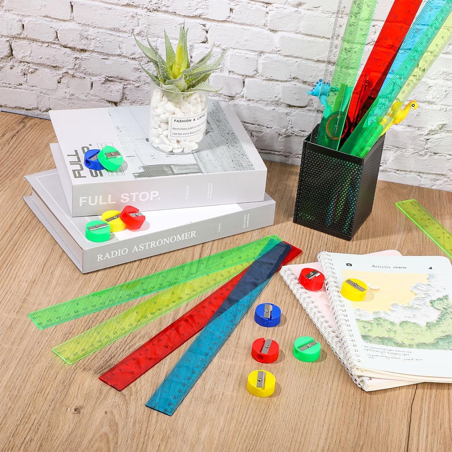 100 Pcs Plastic Rulers and 100 Pcs Mini Round Manual Pencil Sharpener Bulk, 4 Assorted Colors Pocket Sized Pencil Sharpeners Colorful Straight Ruler Back to School Supplies for Kids (Classic,12 Inch)