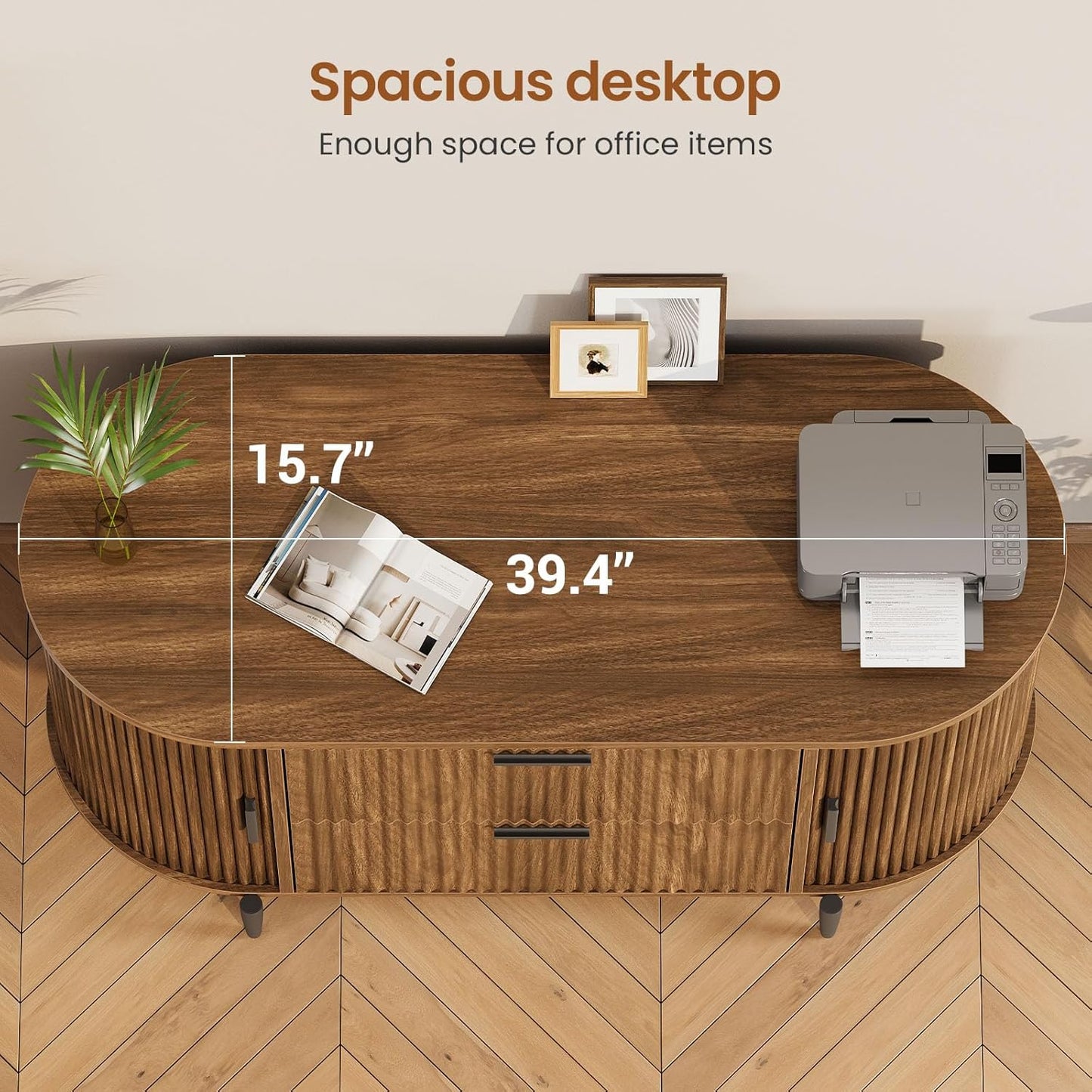 SEDETA 2 Drawer File Cabinet, 39.4" Filing Cabinet for Home Office, fit Legal/Letter/A4 Size, Light Luxury Fluted Filing Cabinets with 2 Sliding Door Storage, Printer Stand, Brown