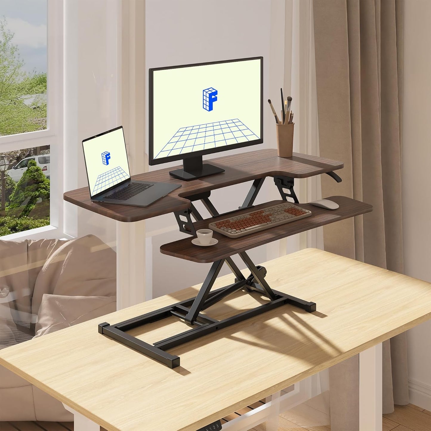 FLEXISPOT 42" Height Adjustable Standing Desk Converter Sit-to-Stand Desk Riser for Home and Office Computer Workstation with Wide Keyboard Tray, Walnut Color