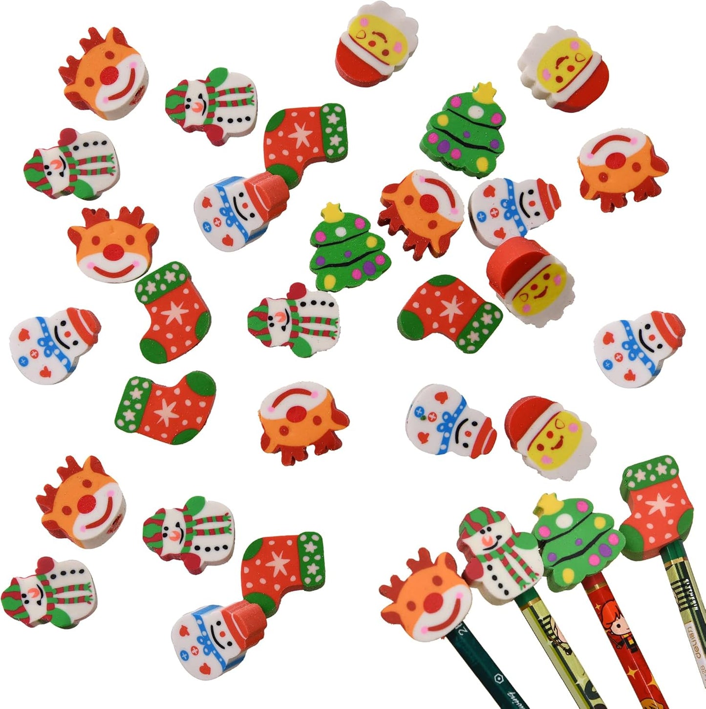42Pcs Christmas Eraser Toppers for Kids Boys Girls, Mini Christmas Eraser Tops Bulk for Stockings Stuffers