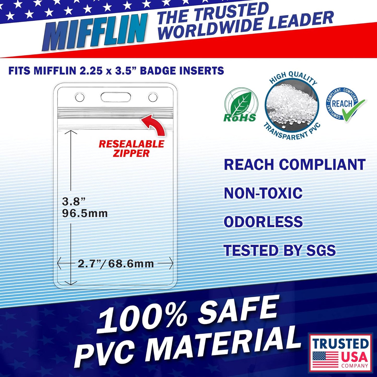 Mifflin-USA Vertical Plastic Card Holder with Metal Clip and Vinyl Straps (Clear, 2.25x3.5 Inch, 50 Pack), Waterproof PVC ID Name Badge Holder with Clip