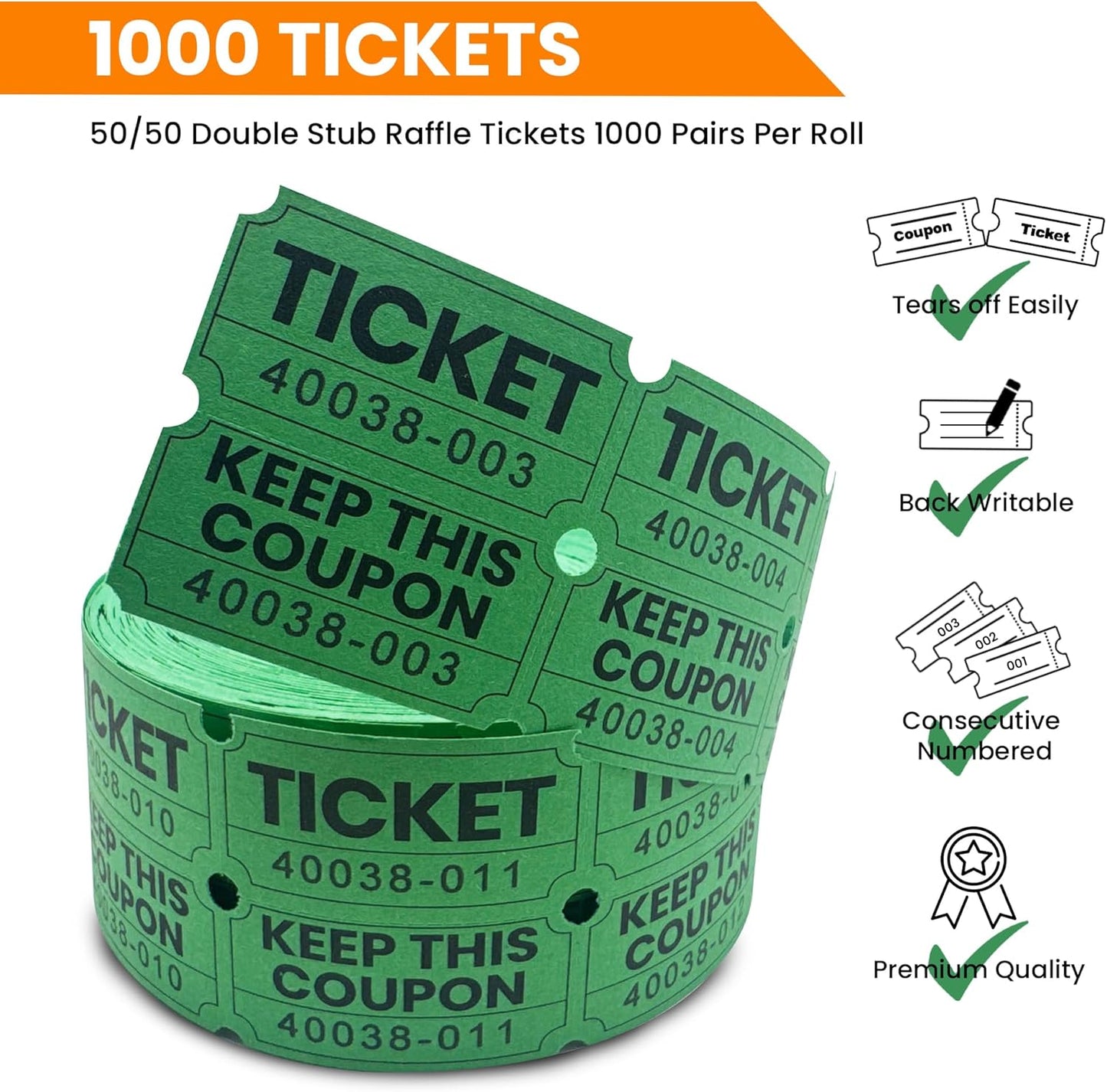 PM Company 1000 Raffle Tickets Double Roll, Green 50/50 Raffle Tickets for Events, Carnivals, Fundraisers, Class Rewards, and Prizes