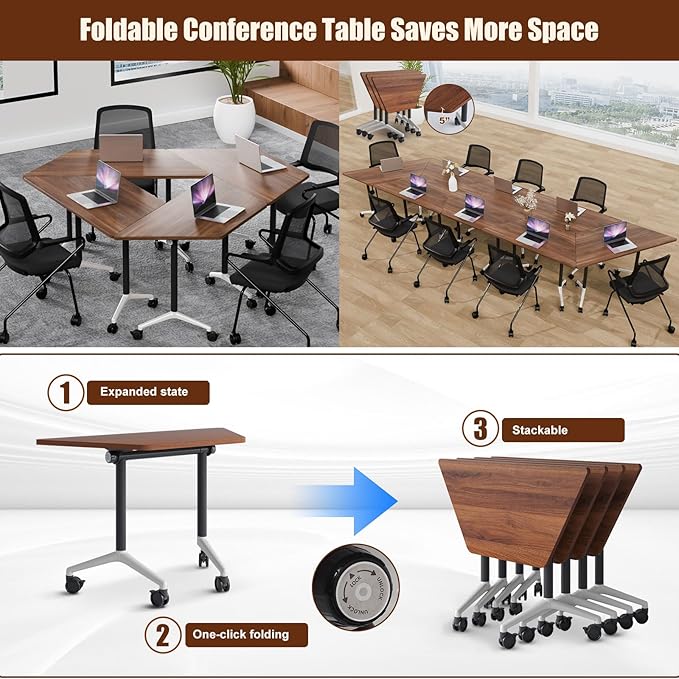 Conference Table, Folding Conference Desk Modern White, Seminar Table with Wheels, 2-10 People for Office, Meeting Break Room (6, 1915TXH, 47IN)