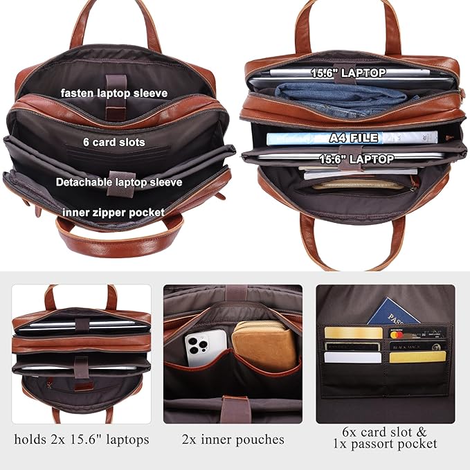 Masa Kawa Leather Briefcase for Men 15.6" - 17" Laptop Computer Case Business Travel Work Messenger Cross Body Shoulder Bag