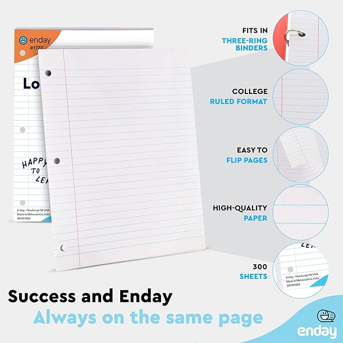 Loose Leaf Paper Bulk, 1800 Sheets, College Ruled, (12 Pack) 150 Sheets Per Pack, 8" x 10.5" White Filler Paper, 3 Hole Punched Binder Paper for 3 Ring Binders, Notebook Paper - By Enday