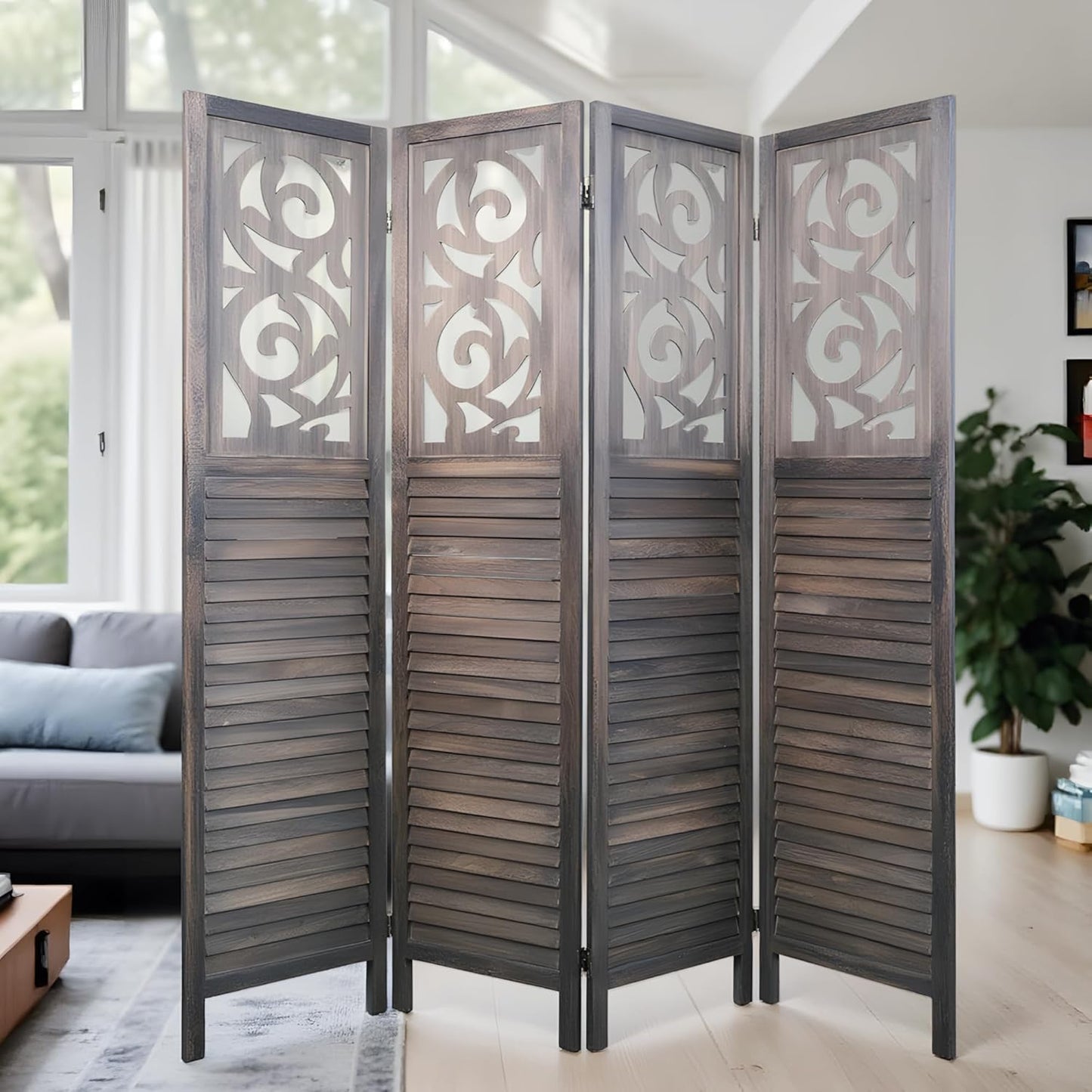 NicBex 4 Panel Room Divider 5.6FT Wood Carved Room Dividers, Folding Privacy Screens Portable Freestanding Partition Wall Dividers for Home Bedroom Office, Rustic Brown
