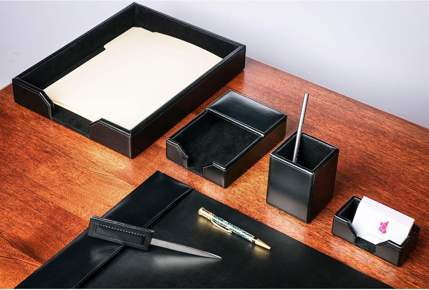 Dacasso 6 Piece Black Bonded Leather Luxury Desk Accessory Set - Desk Pad & Organization Essentials