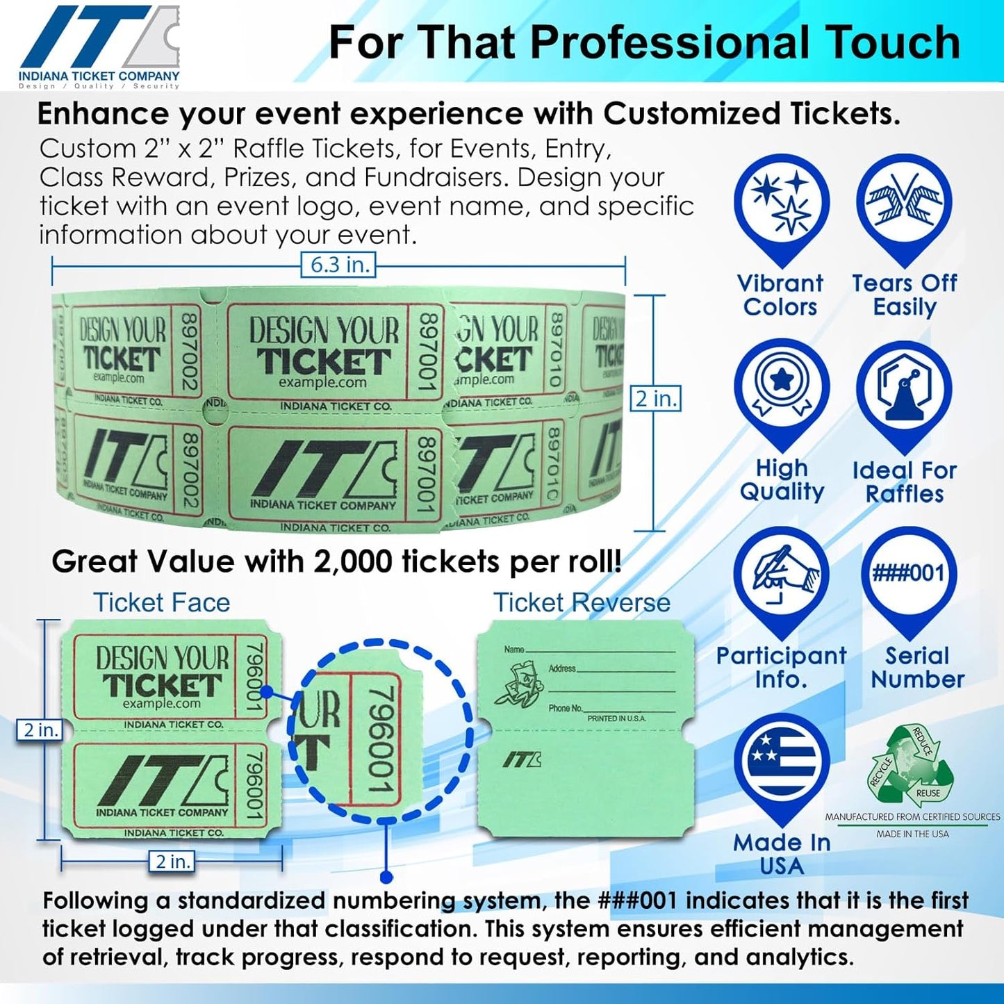 INDIANA TICKET CO. Custom 2"x2" Raffle Roll Tickets – Add Your Events Logo/Text, 50/50 Raffle Tickets, Fundraiser, Classroom Rewards, Entry, Drink Tickets, Prize, Carnival, (8 Colors Selection)