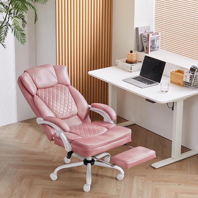Ergonomic Office Chair with Foot Rest, Executive Chair with Footrest PU Leather Computer Chair, Big and Tall Chair Reclining Desk Chair, Thick Padded Coil Spring Seat, 400 lbs Capacity (Pink)