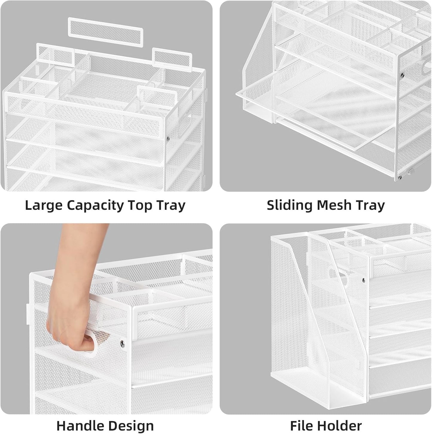 Marbrasse 5-Tier Desk Organizer with File Holder,Paper Letter Tray Organizer,Desktop File Organizer with Adjustable Compartments,Mesh Desk Organizers and Accessories for Office Supplies,White