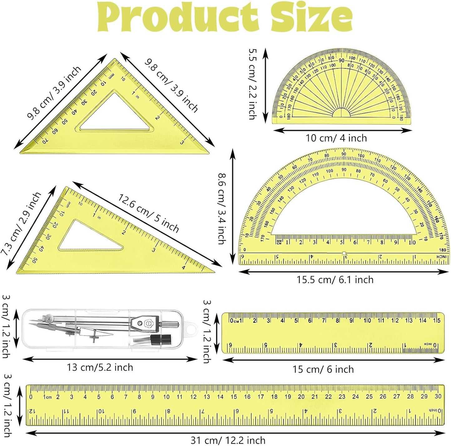 Zonon 1 Set Plastic Geometry Math Set Includes Drawing Compass, 6 Inch 4 Inch Protractor, 45/60 Degree Triangle Rulers 12 Inch 6 Inch Math Ruler Transparent for Office Supplies(Yellow)