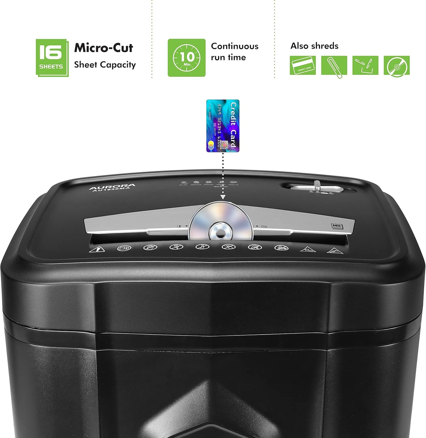 Aurora AU1630MA Anti-Jam 16-Sheet Micro-Cut Paper and CD/Credit Card Shredder/ 10 Minutes Continuous Run Time