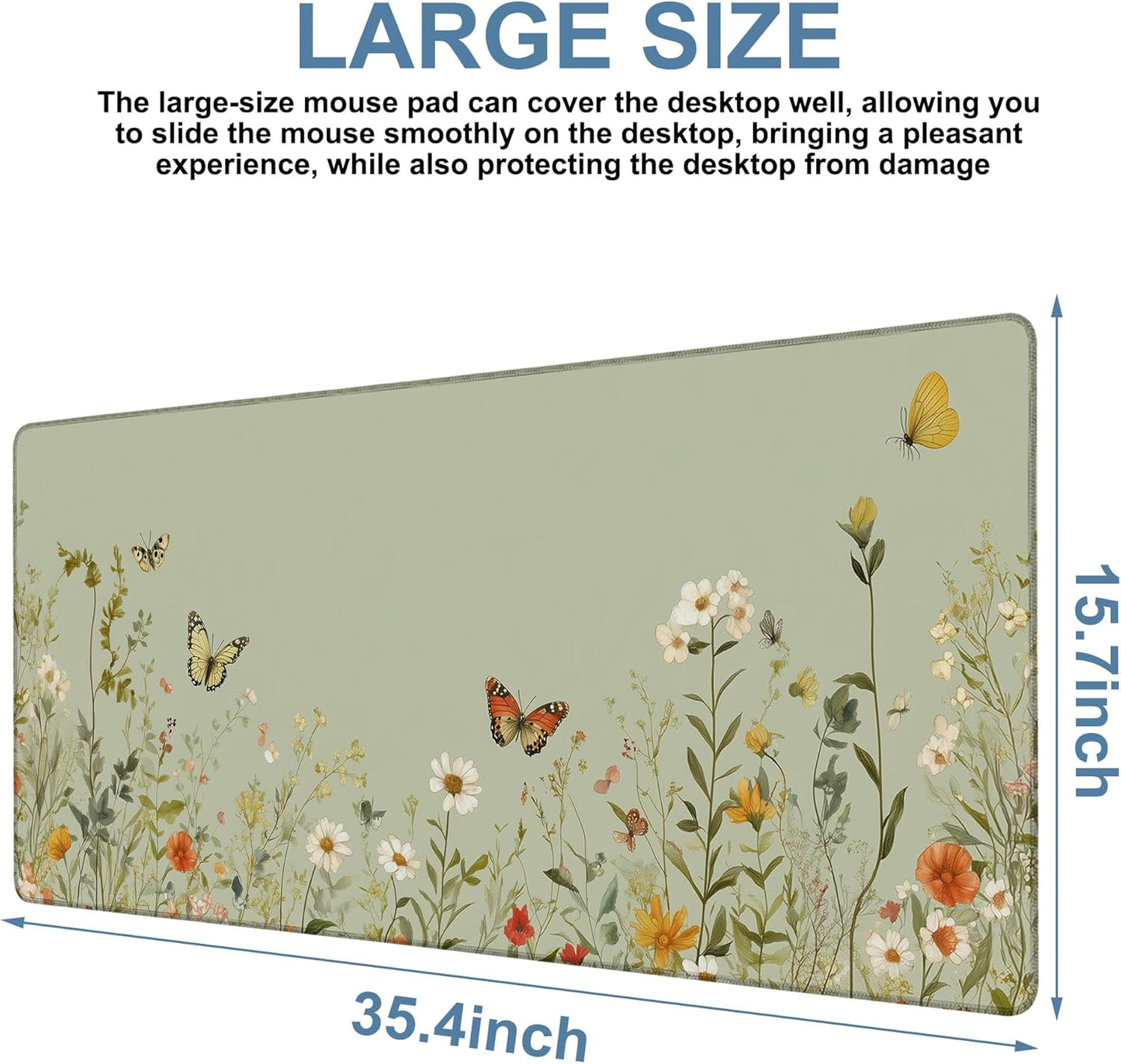 Large Mouse Pad Wildflowers Gaming Desk Pad Computer Keyboard Non-Slip Waterproof Mouse Mat with Rubber Base and Stitched Edges Entertainment Office Writing Desk Mat 35.4 x 15.7 Inches