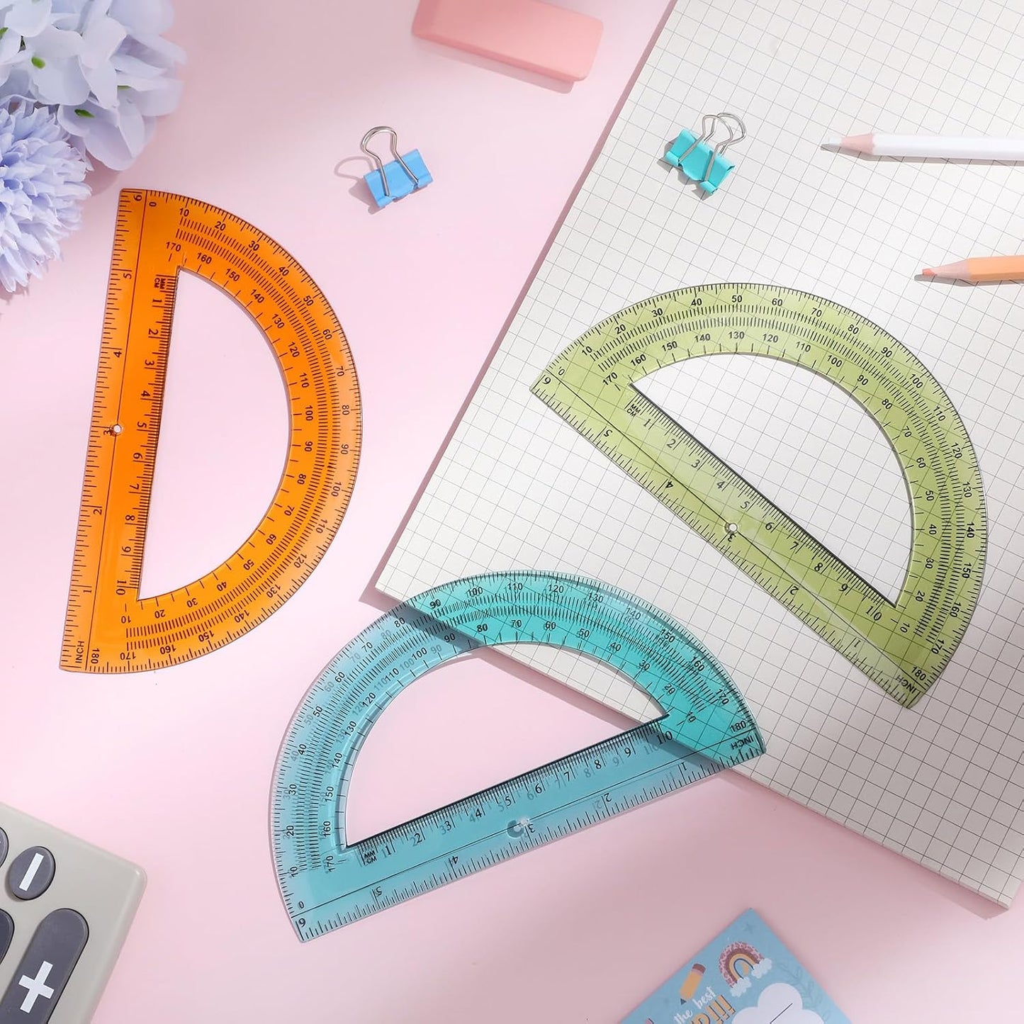 12 Pcs of Colorful Plastic Protractors 180 Degrees 6 Inches Mathematical Protractor Translucent Geometric for Learn Office Measurement Drawing
