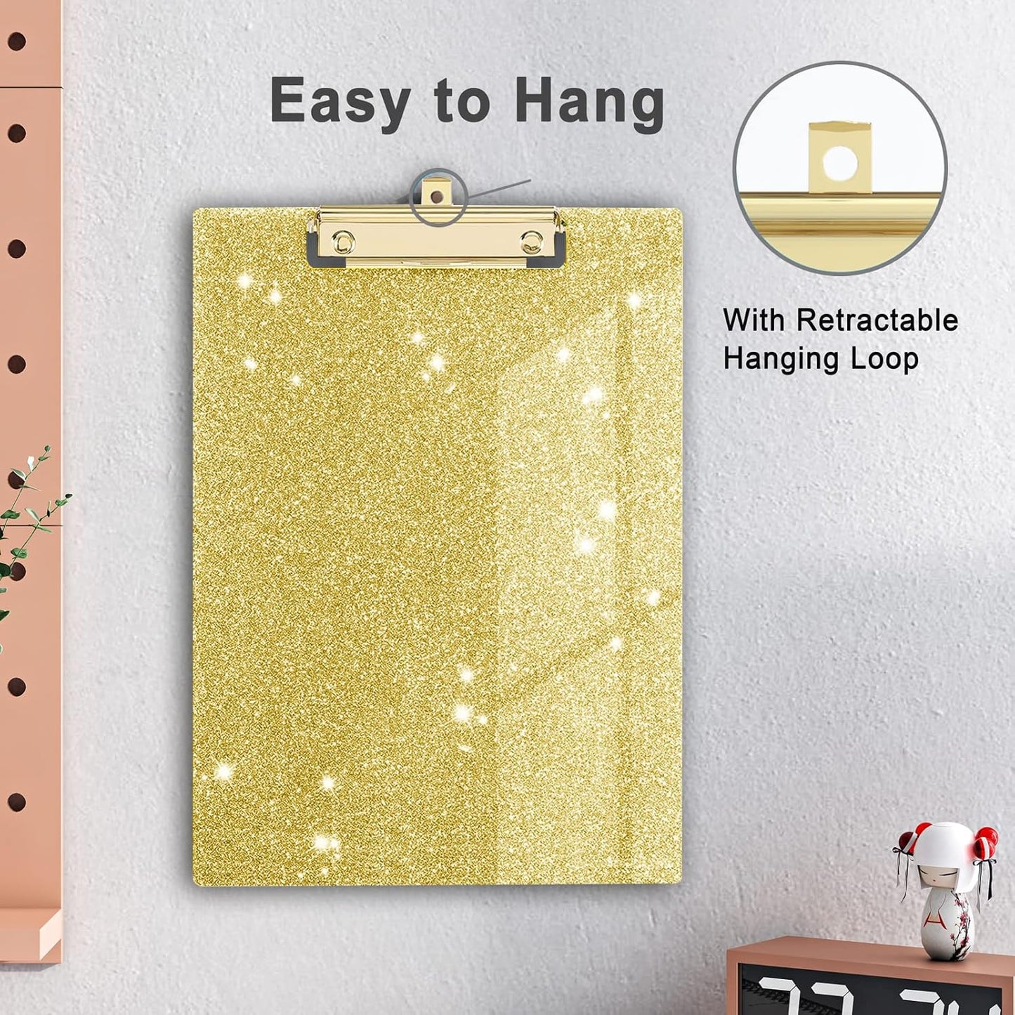 Glitter Acrylic Clipboard Decorative Standard A4 Letter Size 12.2" x 8.7", Fashion Bling Clip Boards with Designed Low Profile Gold Clip for Classroom Office - Gold