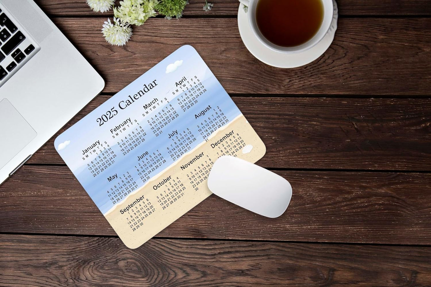 Calendar Mouse Pad, Gaming Mouse Mat with Custom Design, Non-Slip Rubber Base MousePads for Office Home Laptop Travel, 9.5"x7.9"x0.12" Inch (2025 Calendar Sky Beach Background)