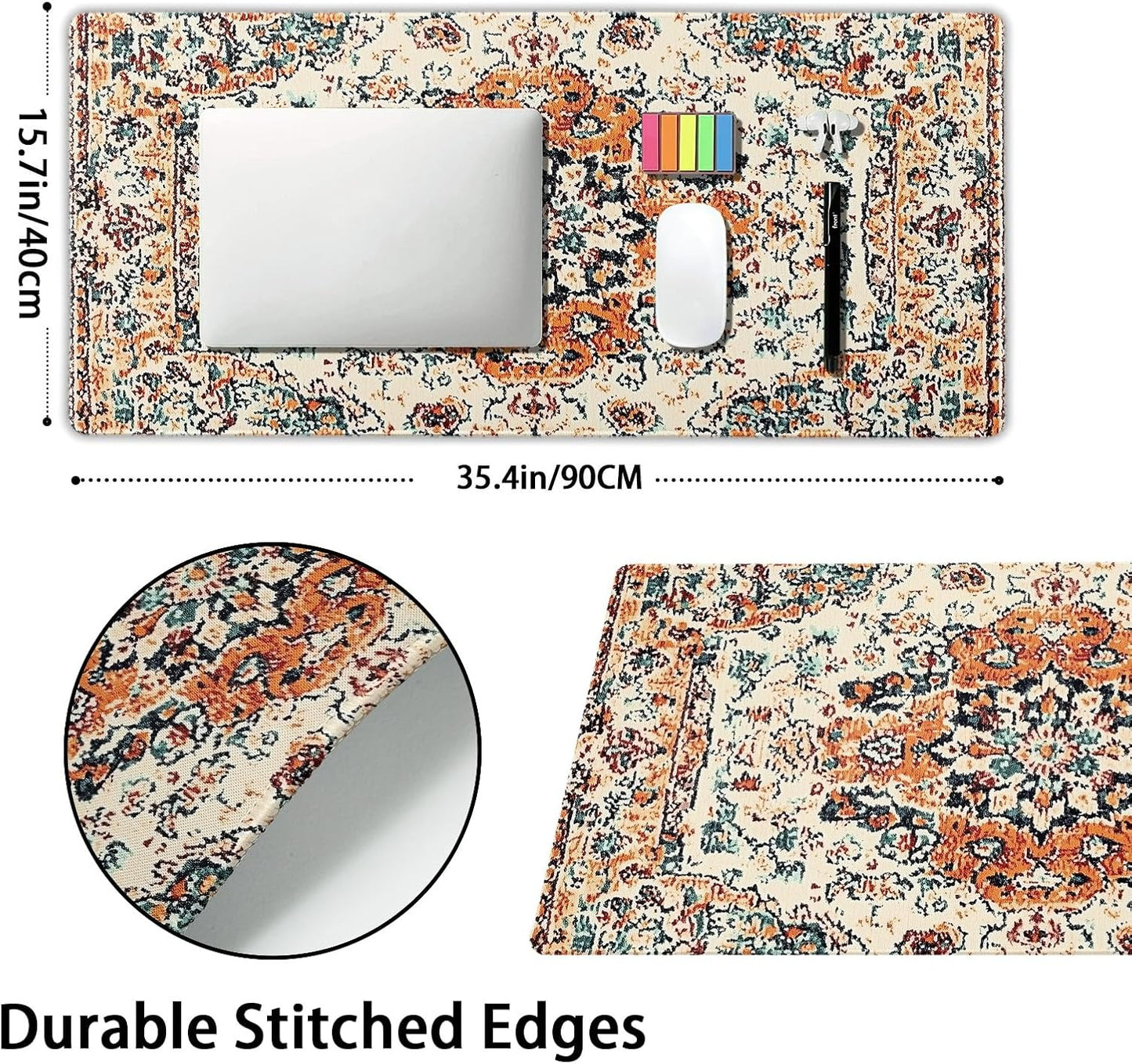 Vintage Rug Gaming Mouse Pad XXL Orange Teal Retro Carpet Aesthetic Extended Large Mat Bohemian Boho Mousepad Desk Pad Non-Slip Rubber Base Stitched Edge Flower Keyboard Pad for Computer,35.4x15.7 in