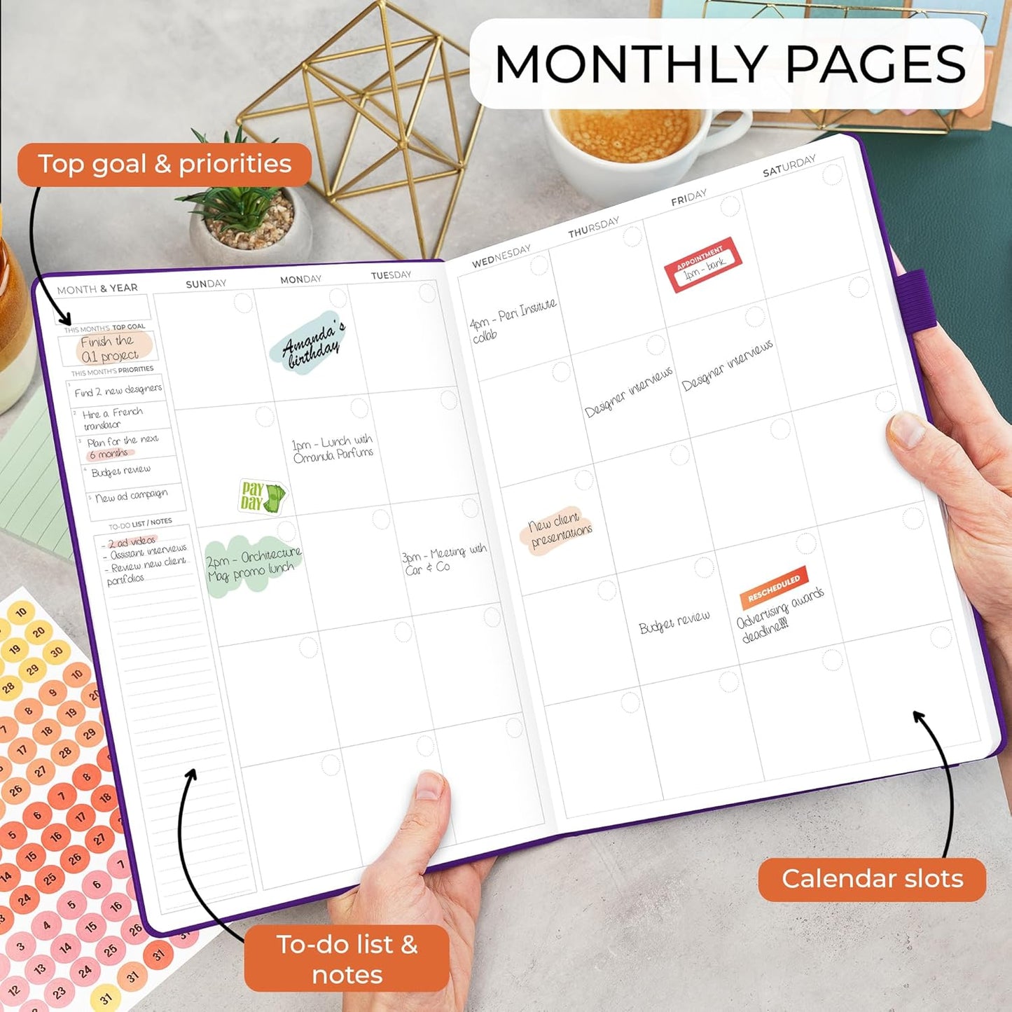 Clever Fox Appointment Book – Hourly Schedule Planner with 15-Minute Increments – Time Box Planner for Daily Work & To-Dos – Weekly & Monthly Spreads, Undated, Hardcover, 8.3x11″ (Purple)