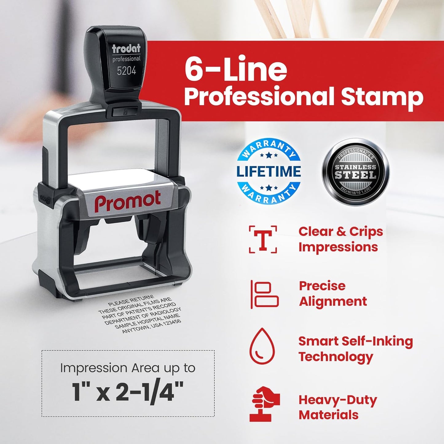 Promot Medium Professional Stainless Steel Stainless Steel Self Inking 6 Lines Custom Stamp - Personalized Office Stamp