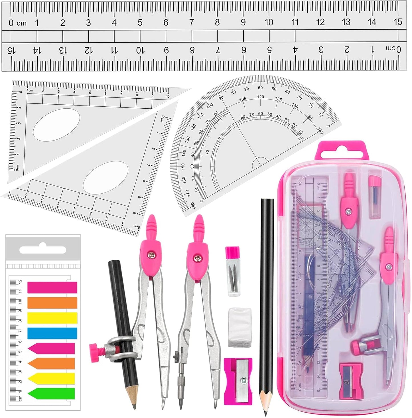 Maths Compasses Full Starter Geometry Kit with 2 Drafting Compasses Protractor 2 Set Squares Ruler Pencil and More for Students Maths Study Homework etc. Pink
