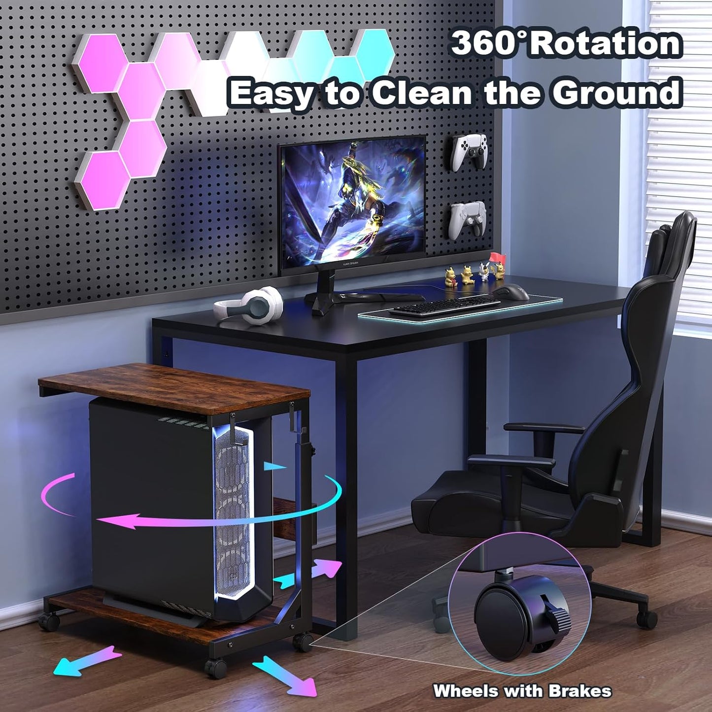Height Adjustable Computer Tower Stand with Charge Station and USB Charging Port, 2-Tier ATX-Case Cart, Under Desk Mobile PC Stand, CPU Holder Cart with Locking Caster Wheels for Fits Most PC