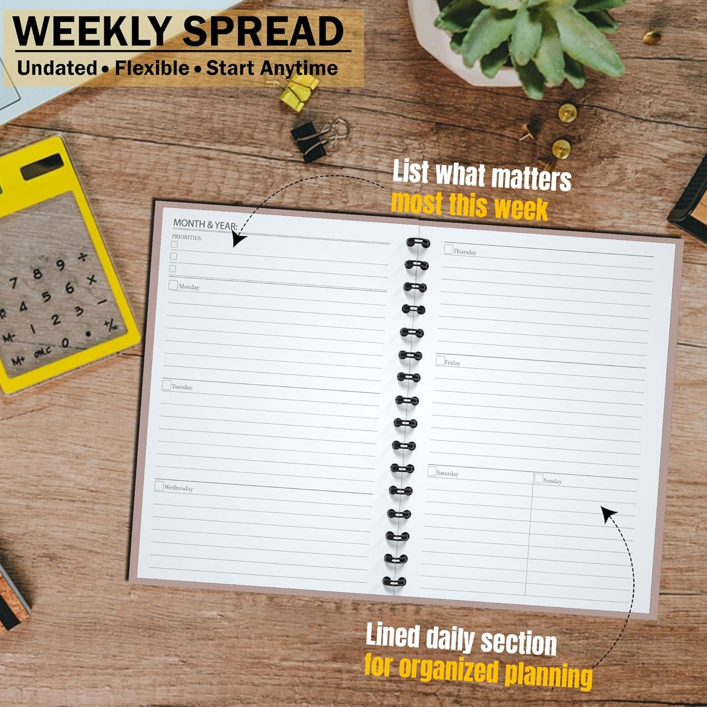 Undated Monthly and Weekly Planner - 12 Month Calendar Planner Notebook with Week Days - Hardcover Undated Planners Blank Agenda Book - A5 Pink