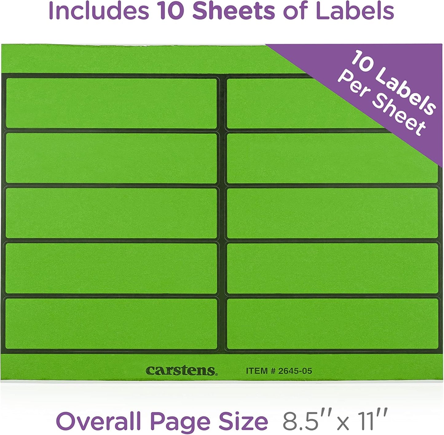 Carstens Adhesive Binder Labels, 5 3/8” x 1 3/8”, Stickers for 1.5” – 4” Ring Binder Spines, Inkjet and Laser Printer Compatible, Green, 20 Sheets, 10 Labels Per Sheet