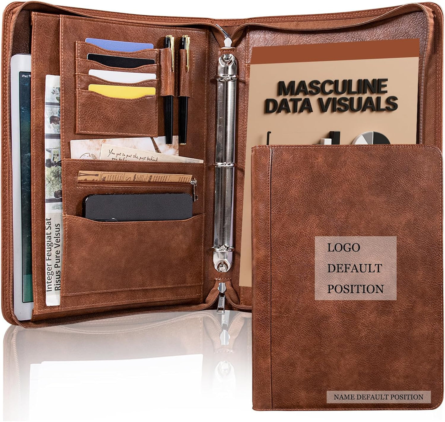 Calfinder Personalized Padfolios Portfolio Binder,3 Ring Leather Binder with Zipper,Professional Padfolios for Women&Men, Business Portfolio Organizer for Resume, Leather Folder for Ipad