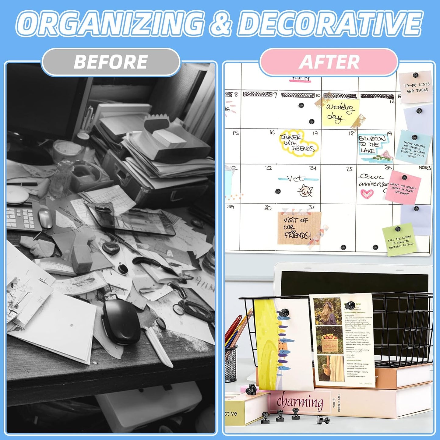 VNDUEEY 20Pcs Strong Fridge Magnets, Black Refrigerator Magnets, Magnetic Push Pins, Strong Whiteboard Magnets for Locker, Map, Kitchen, Office, School, Adults