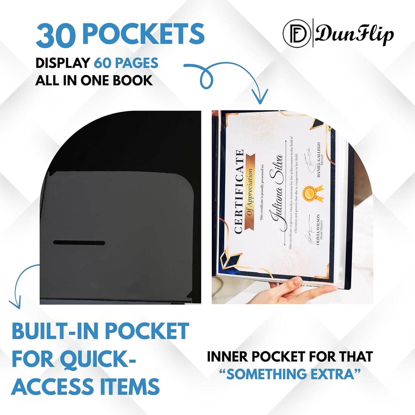 Presentation Binder with 30 Plastic Sleeves, 60 Pages 8.5x11 Display Book - Art Portfolio Organizer for Documents, Artworks, Certificates, Projects, Photos - Black