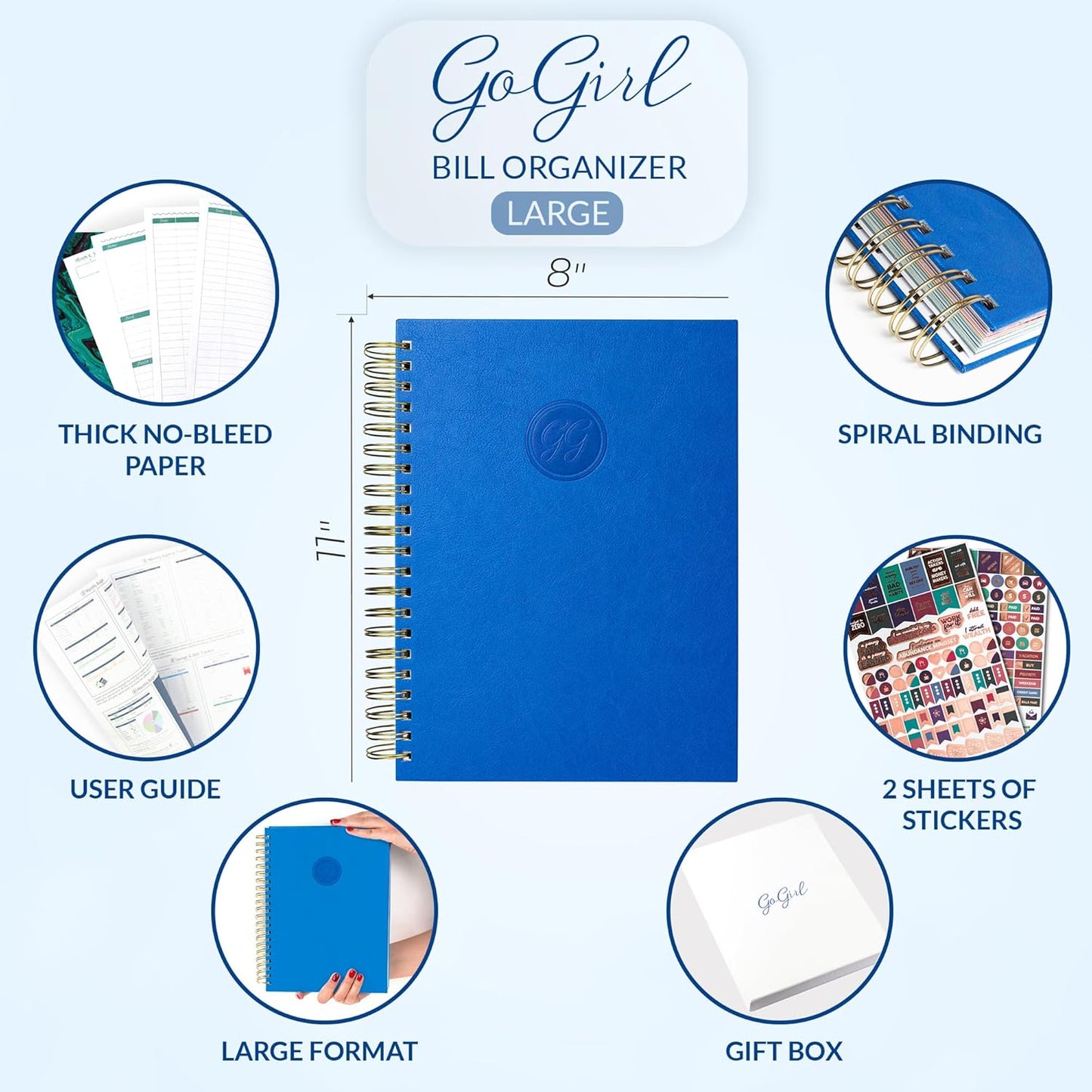 GoGirl Budget Planner & Monthly Bill Organizer – Monthly Financial Book with Pockets. Expense Tracker Notebook Journal, Large (Blue)