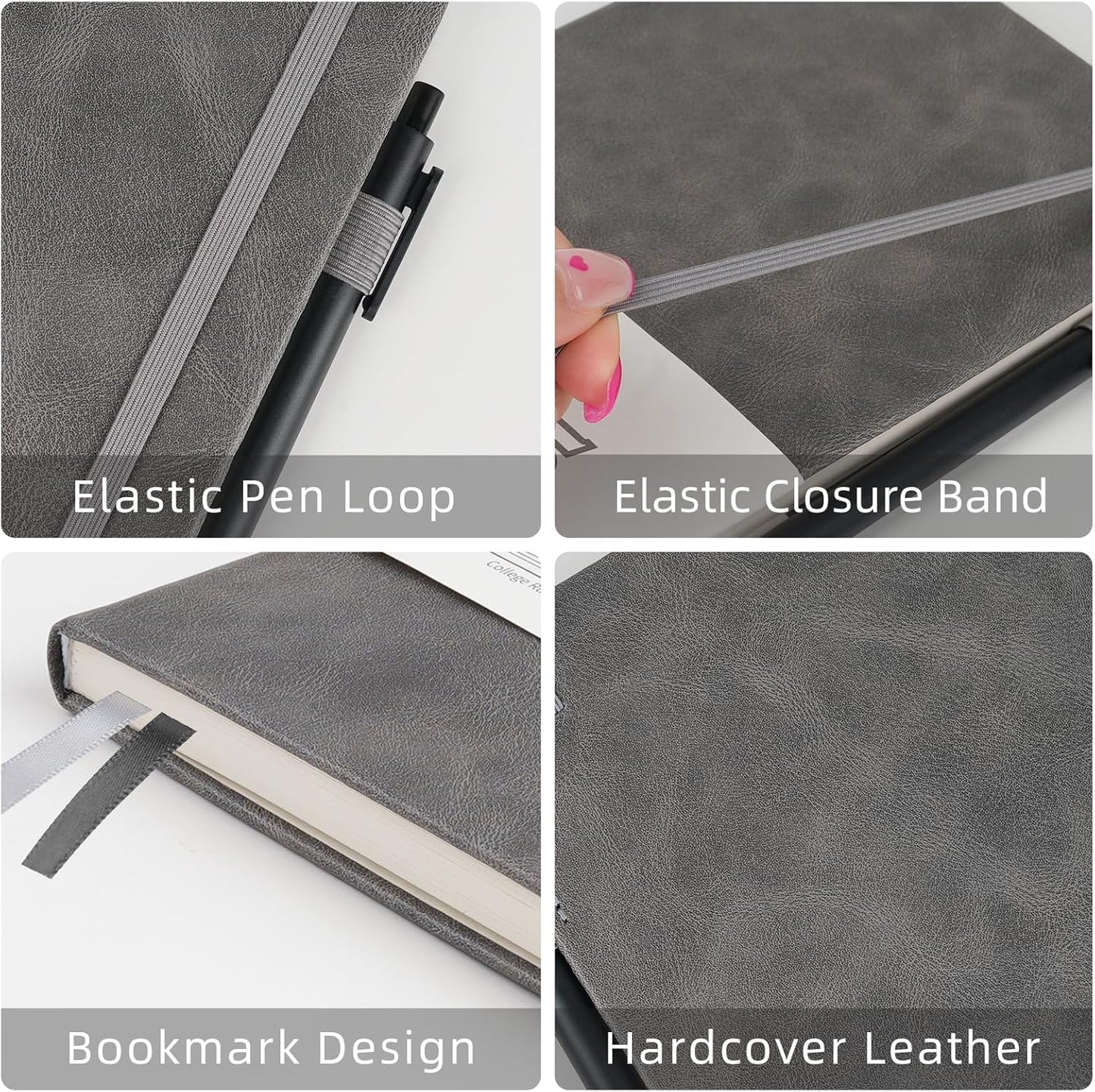 Notebooks Journal for Women Men 5 Pack Bulk Leather Hardcover with Pen Holder A5 160 Pages 100 GSM Thick Paper for Work School Lined Gray