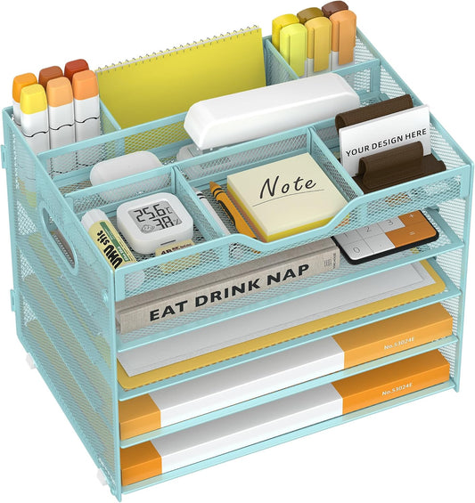 5 Tier Paper Letter Tray with 3 Drop-in Pen Holders, Mesh Desk File Organizer with Handle, Desk Organizers and Accessories for School,Home, Office Supplies Storage-Blue