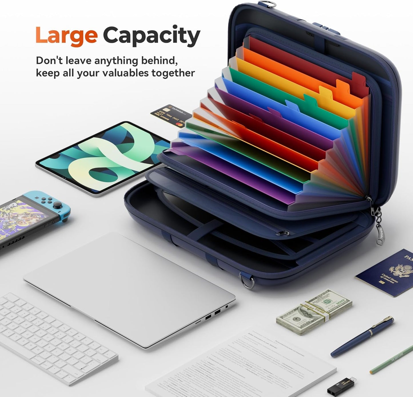 Nacial Fireproof Document Box with Lock & Shoulder Strap, Hard-Shell Fireproof File Organizer with 13 Pocket Accordion File Folder, Portable Safe Storage for Important Documents, Laptop, Blue