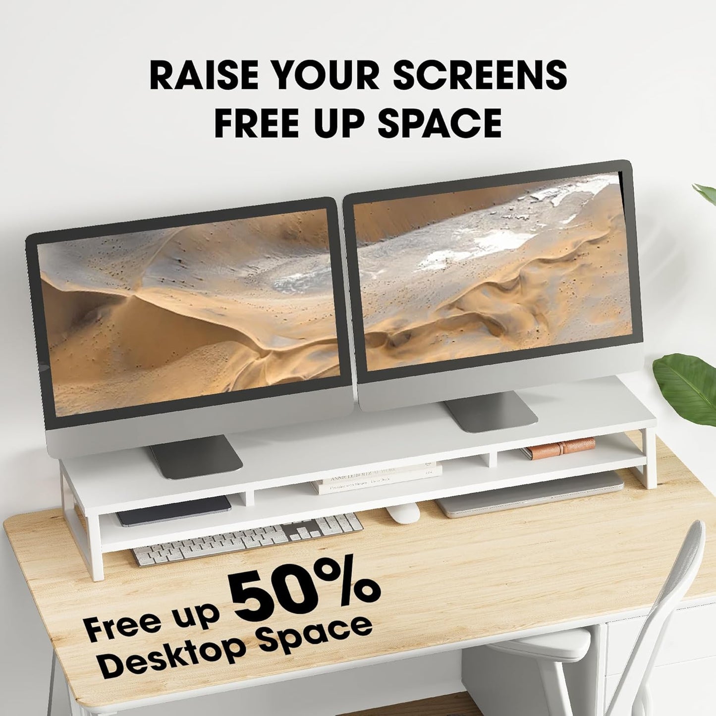 Fenge Dual Monitor Stand for Desk, 42.5in Large Monitor Riser for 2 Monitors, 2 Tier Computer Office Desk Top Shelf, Desktop Storage Stand for Laptop, PC, Computer, Printer