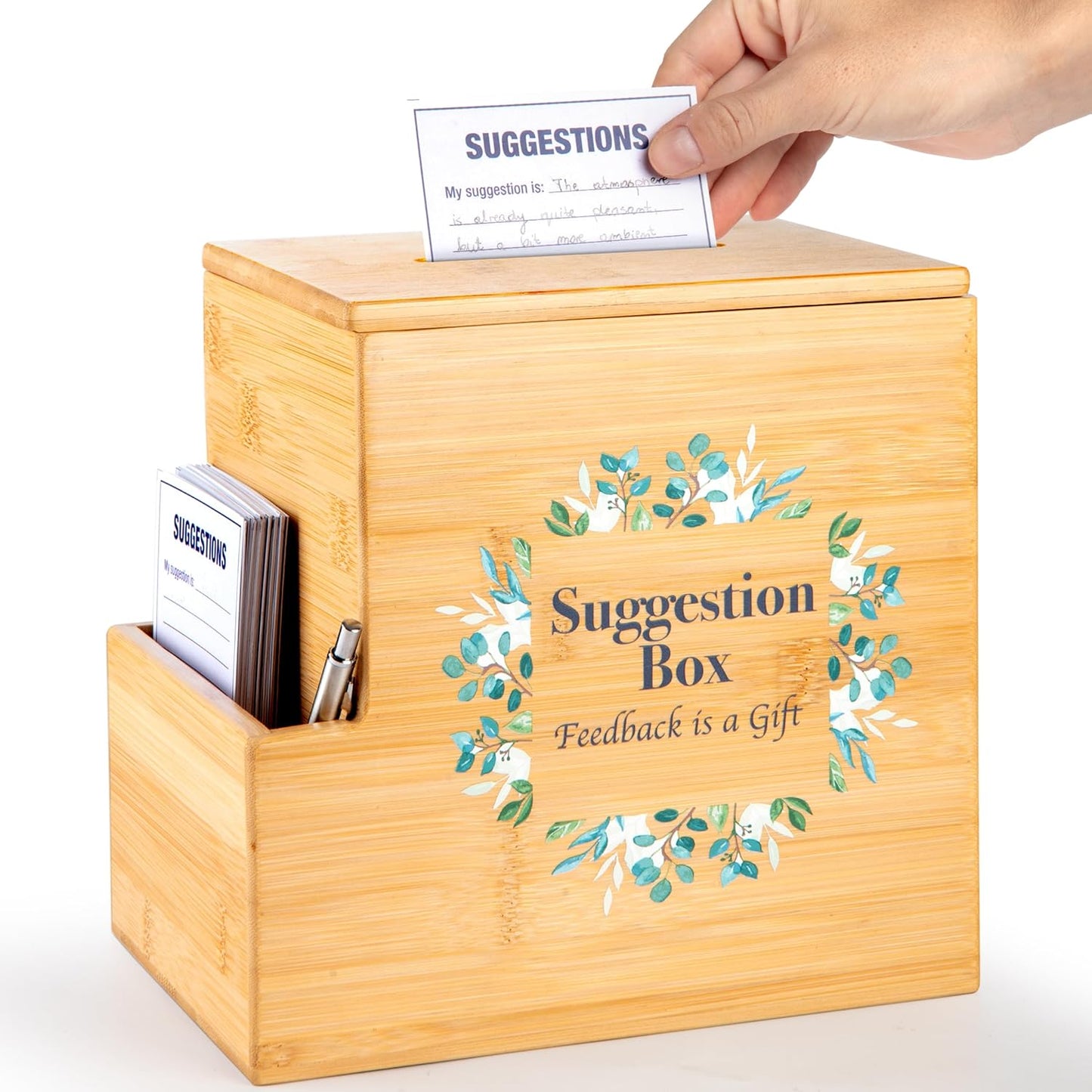 Suggestion Box with Slot, Donation, Rustic Feedback for Patient Care and Prayer Requests, 8H x 5.5W x 7.5L inch, Sustainable Bamboo Wood, School Voting