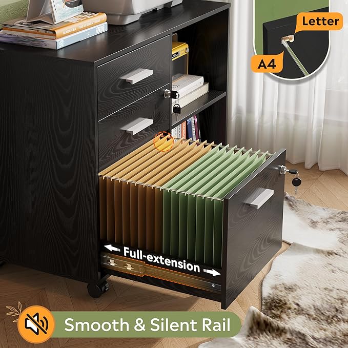 DEVAISE 3-Drawer Wood File Cabinet with Lock, Mobile Lateral Filing Cabinet, Printer Stand with Open Storage Shelves for Home Office, Black