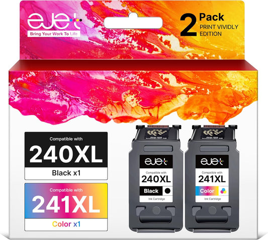 ejet PG-240XL/CL-241XL Ink Cartridge Replacement for Canon 240XL 241XL Combo Pack for Canon 240 241 High Capacity for Printer Pixma MG3620 TS5120 MG2120 MG3520 MX452 MX512 MX532 MX472 (2 Pack)