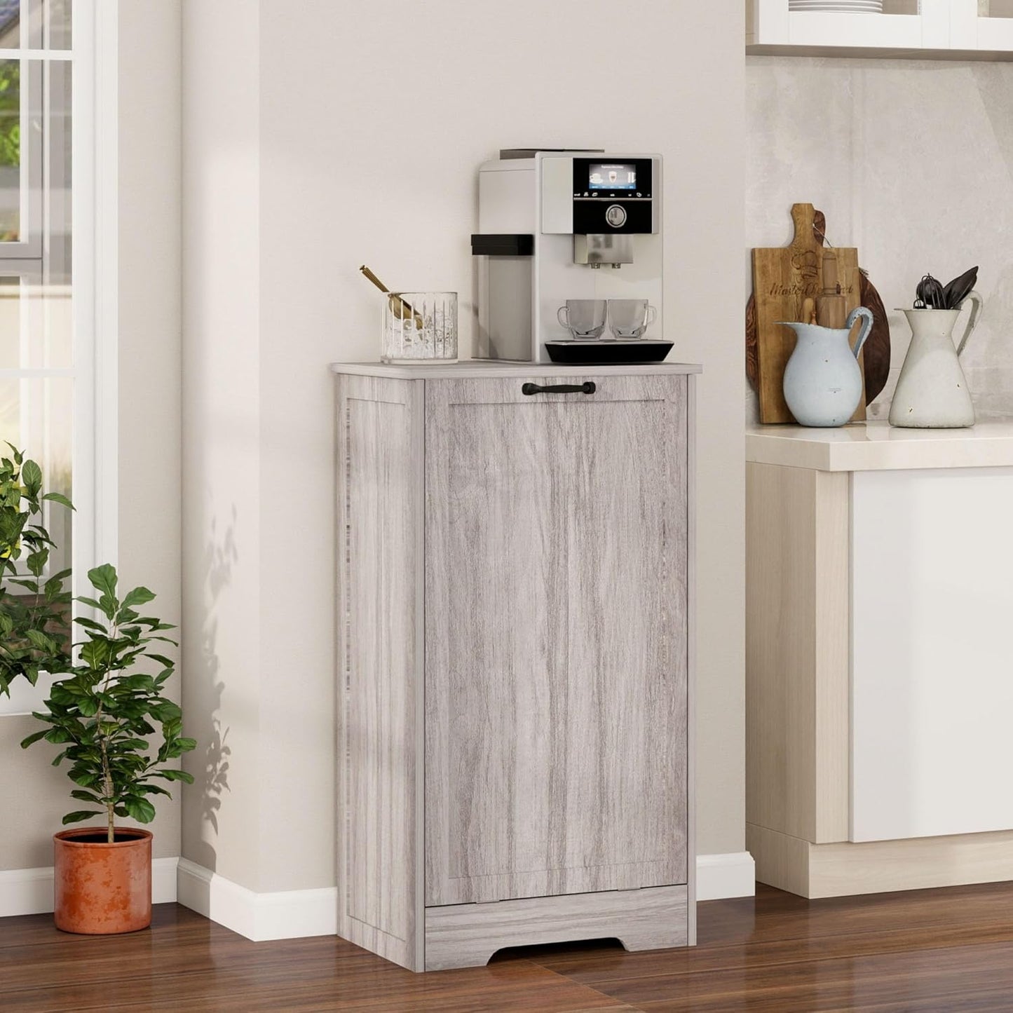Tilt Out Trash Can Cabinet, Wooden Dog Proof Trash Can Cabinet Laundry Hamper, Hidden Large Recycling Bins for Kitchen, Living Room, Bathroom, Wash Grey