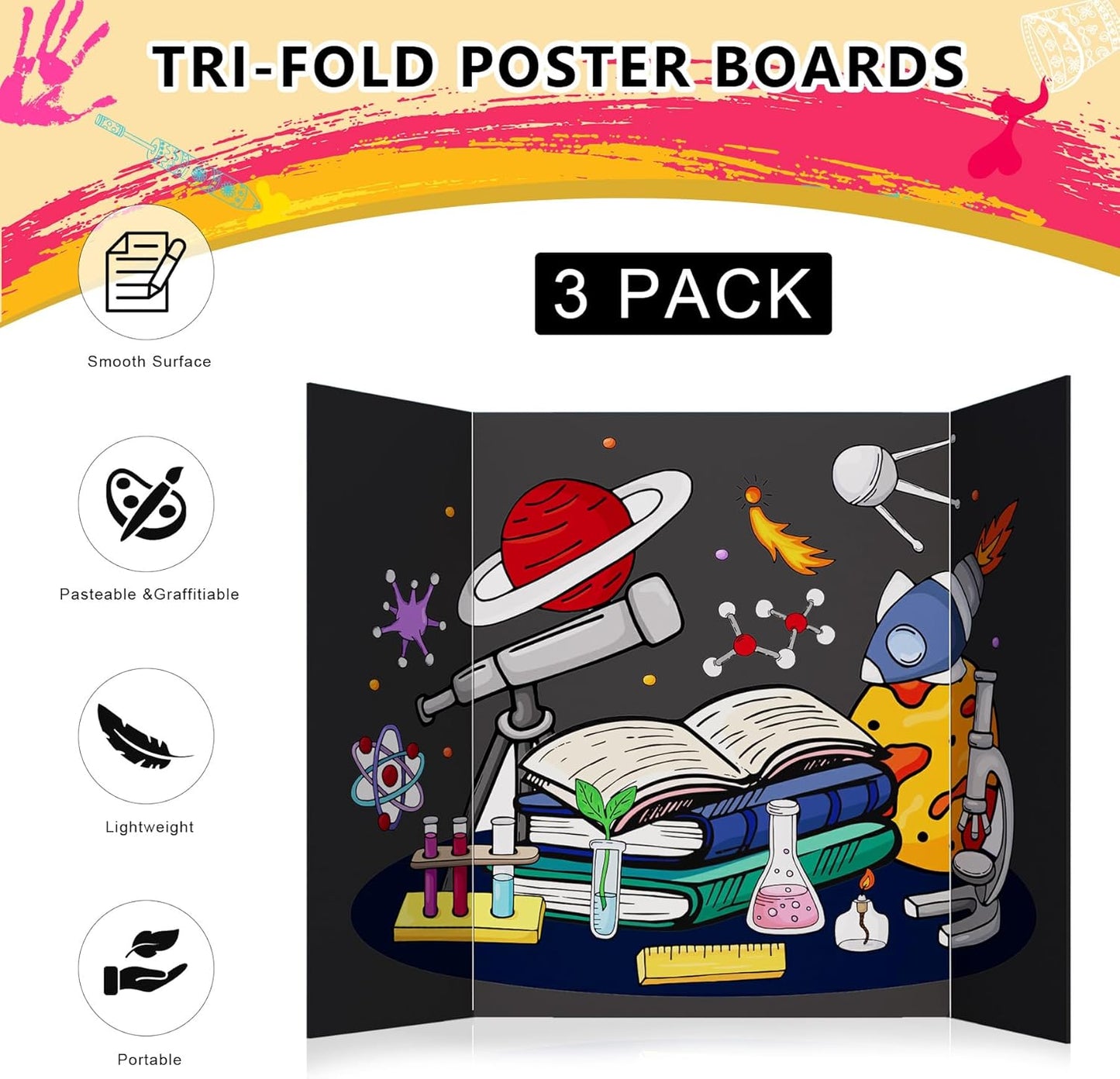 HAUTOCO 3 Pcs Small Trifold Poster Board 21 x 14 inches Tri Fold Presentation Boards Black Corrugated Project Boards for Science Fair, School Project, Event Displays, Business