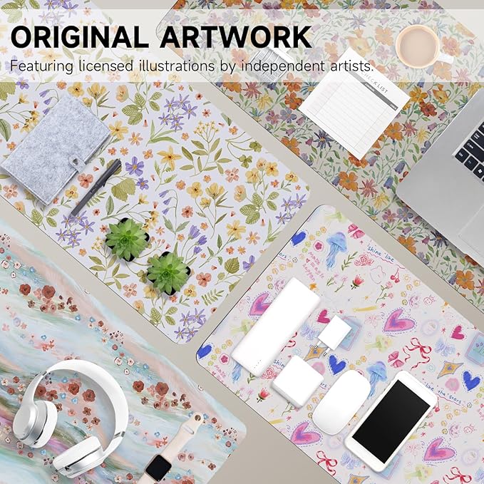 Botanical Floral Desk Pad Blotter,Large Mouse Pad 35 x 17in,PU Leather Desk Mat Writing Pad Protector, Non-Slip Waterprrof,Desktop Decor for Home Office & Gamers Women Girls (Pressed Flower Art)
