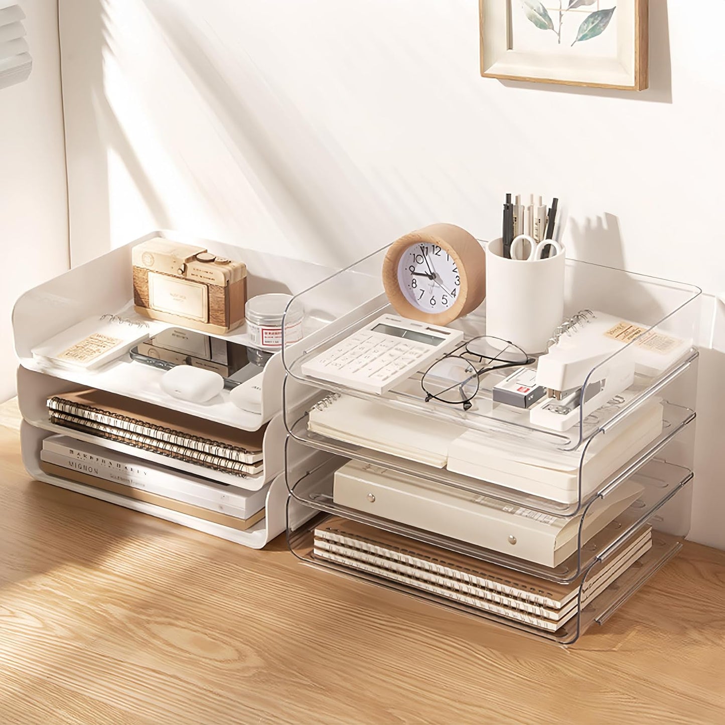 Desk Organizer Stackable Desk Paper Letter Tray Organizer Office Desktop File Paper Holder Book Storage Organization Rack (Clear, 4 x Standard Entry)