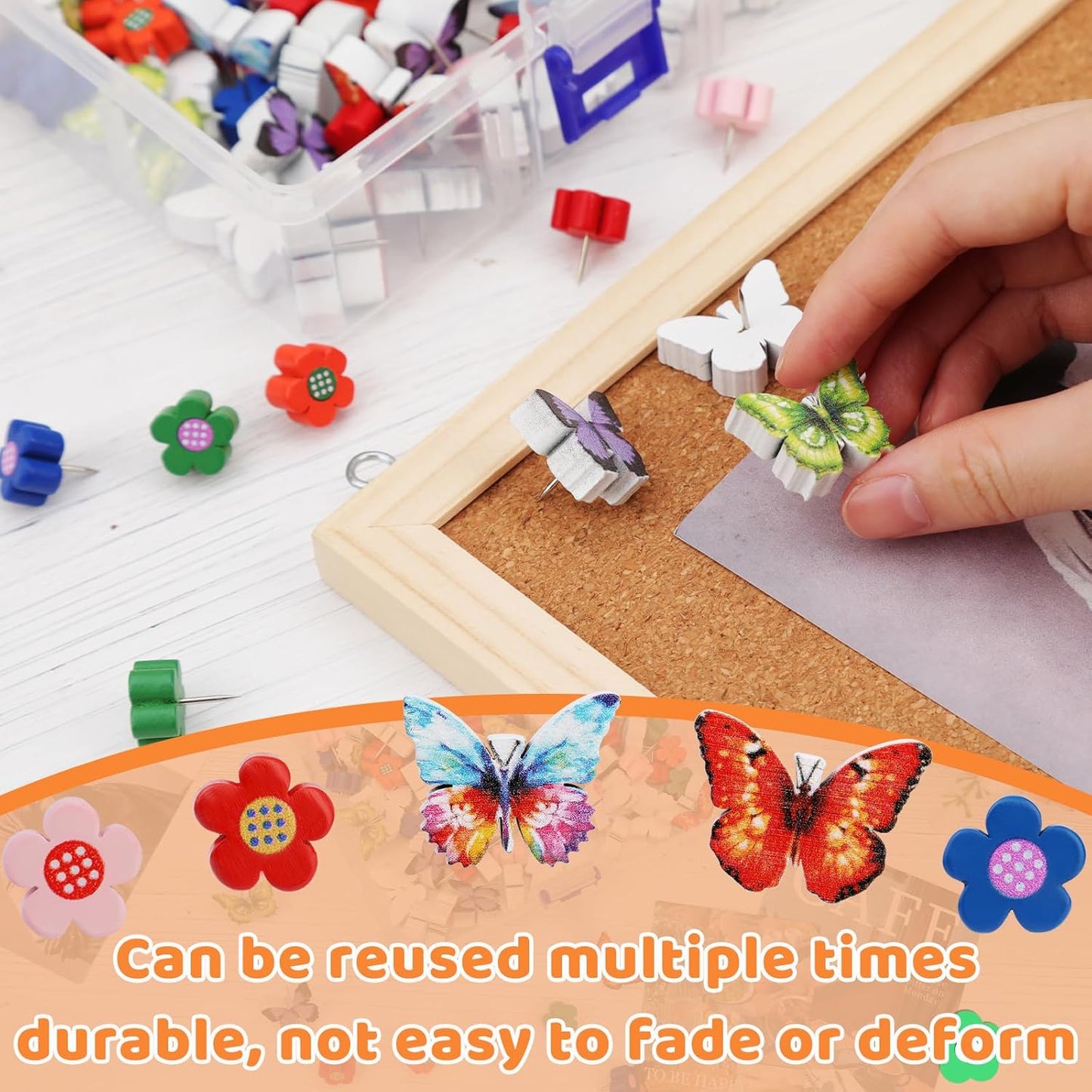 80 Pcs Push Pins for Cork Board, Decorative Thumb Tacks Wooden Push Pins Head Pin Wood Map Tacks Pin, Wood Thumb Tacks for Bulletin Boards Craft Projects with Storage Box-Flower and Butterfly