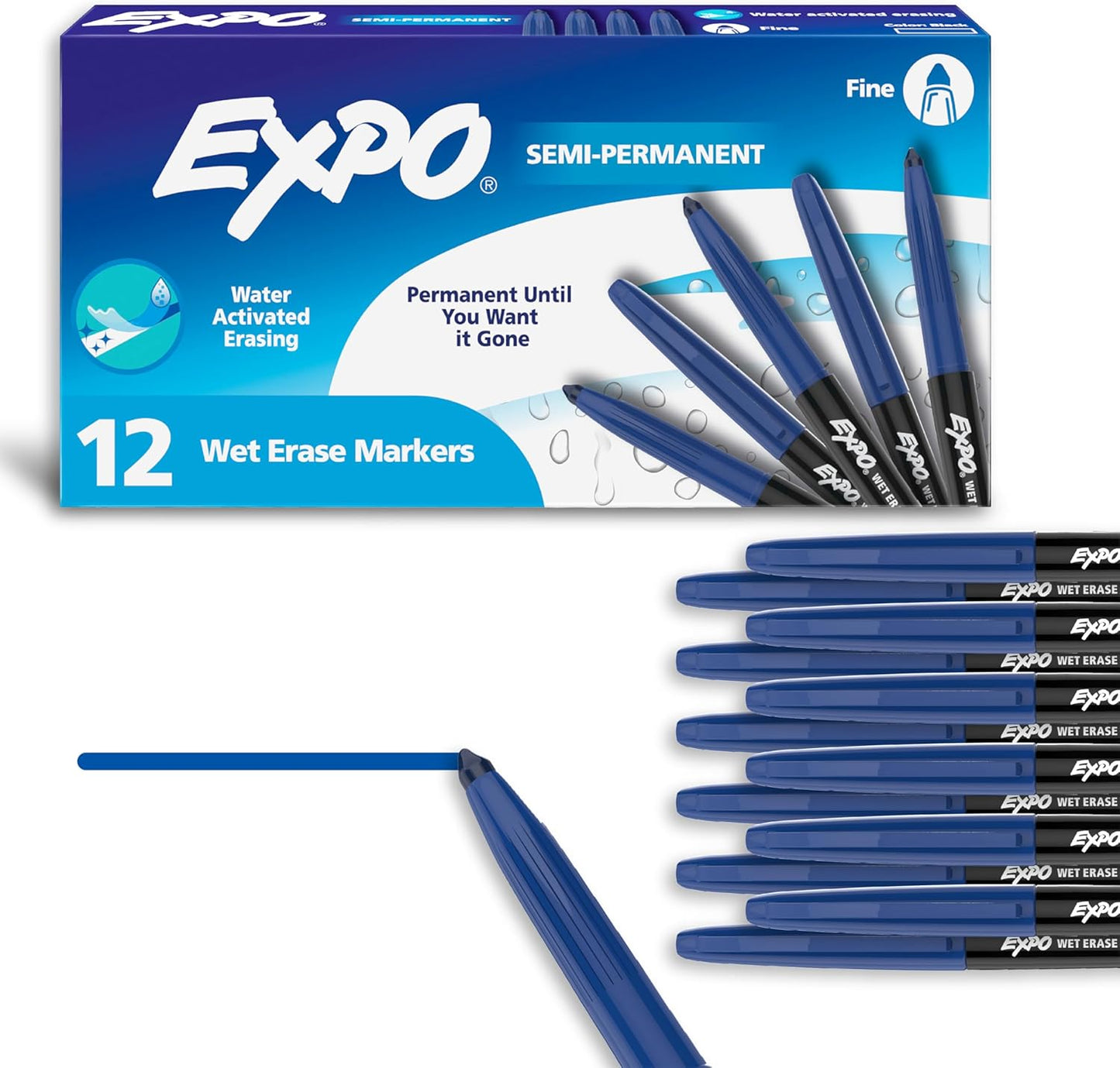 EXPO Wet Erase Markers, Semi-Permanent Markers, Blue, Fine Tip, 12 Count
