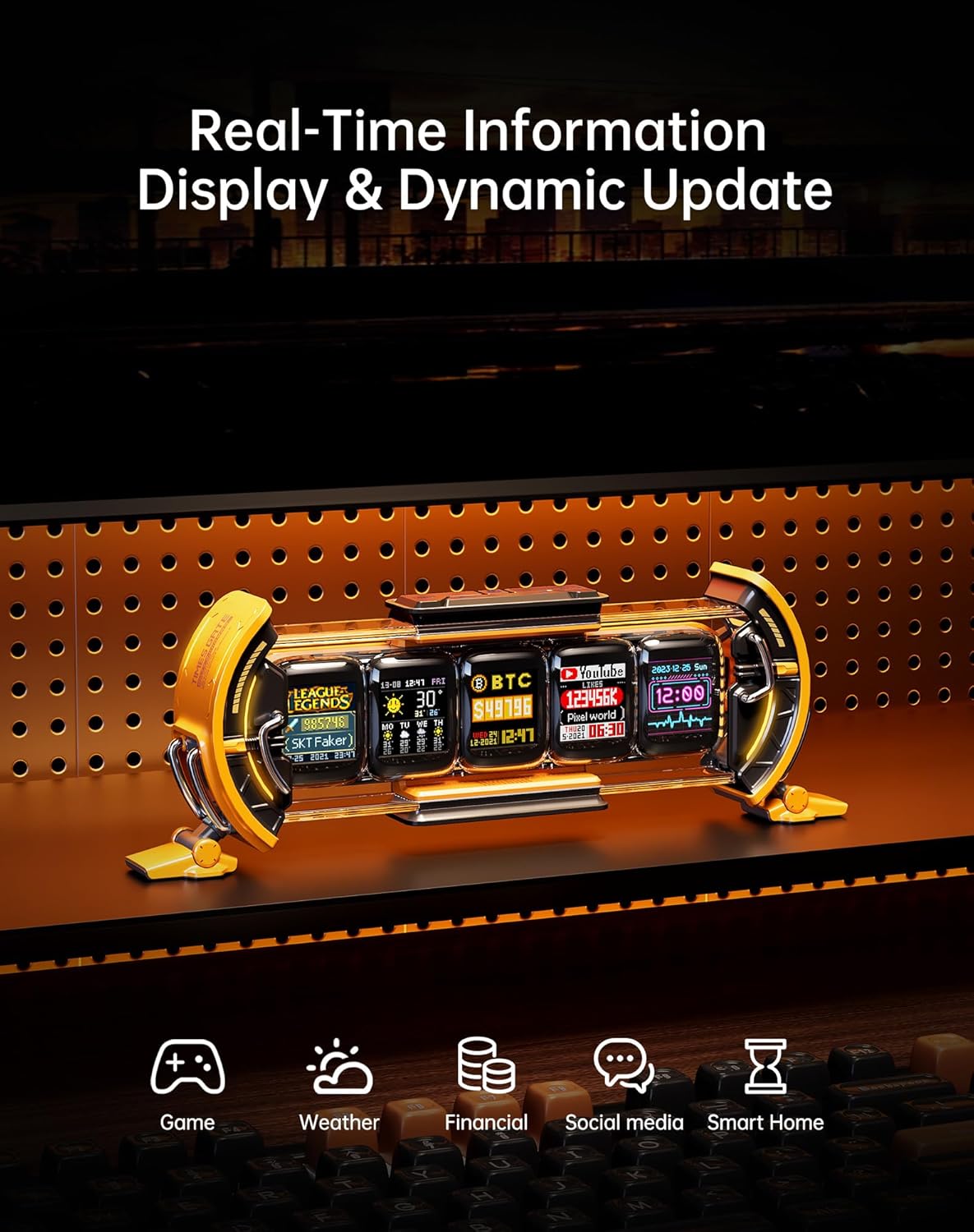 Divoom Times Gate - Cyberpunk Gaming Setup Digital Clock with Smart APP Control, WiFi Connect, RGB LED Display, Personalized Dashboard, Pixel Art for Gaming Room & Office Decor (Yellow)