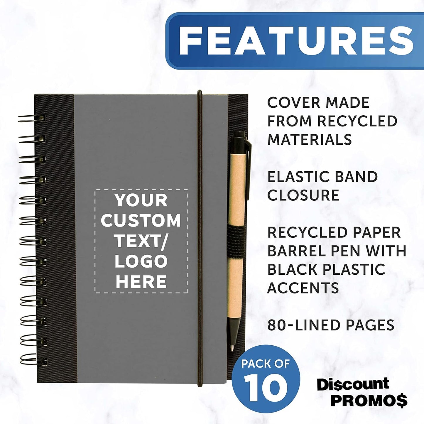DISCOUNT PROMOS Custom Eco Block Notebooks with Pens Set of 10, Personalized Bulk Pack - Perfect for School, Office, Business, Home - Smoke