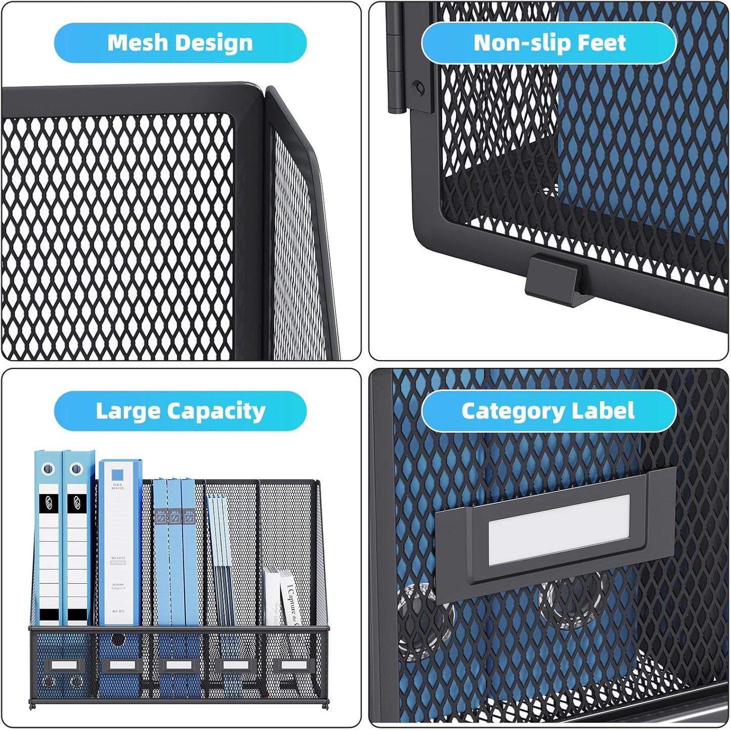 Marbrasse Desk File Organizer with 5 Vertical Compartments Mesh Magazine File Holder for Office, Home, School